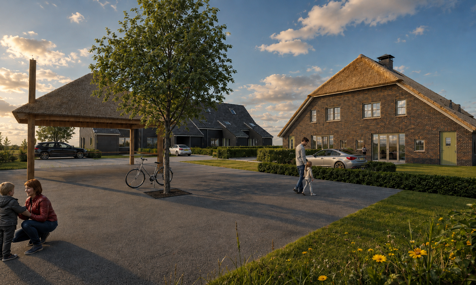 Schuurwoning Blok 2 en gezamenlijke buitenruimte met hooimijt